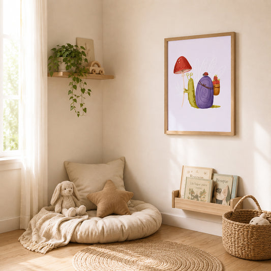 Friendly Snail Wall Art Print with Soft Nature Illustration