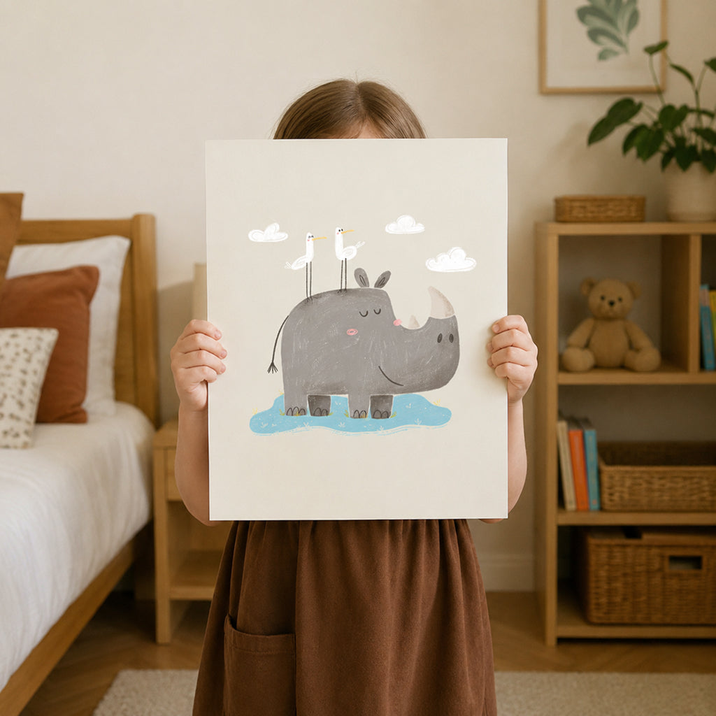 Gentle Rhino Wall Art Print for Kids Room Decor