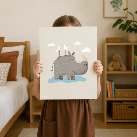 Gentle Rhino Wall Art Print for Kids Room Decor