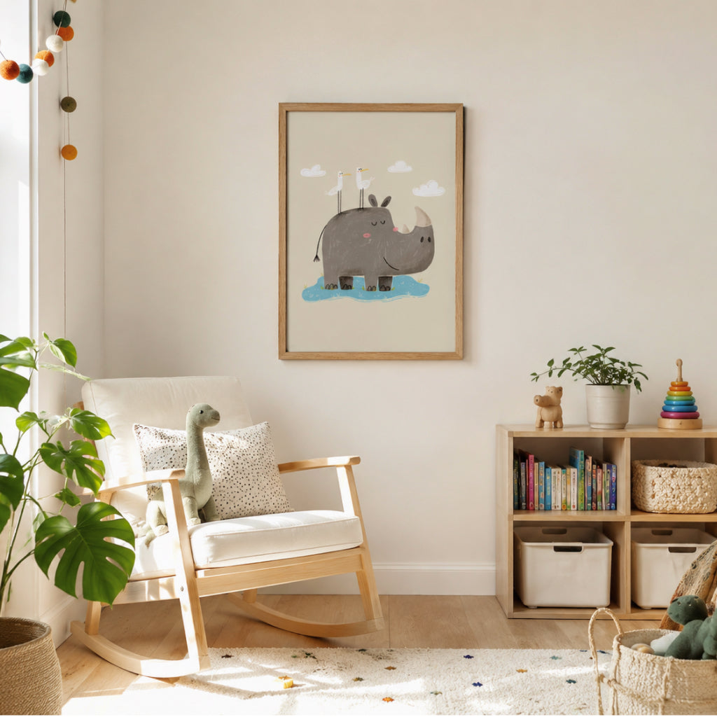 Gentle Rhino Wall Art Print for Kids Room Decor
