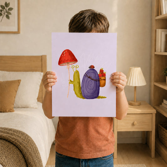Friendly Snail Wall Art Print with Soft Nature Illustration