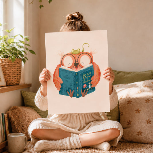 Young girl sitting cross-legged in a cozy reading corner, holding a whimsical owl poster in front of her face. The illustration shows a cheerful owl with ov-toned decor, creating a calm and inviting atmosphere.